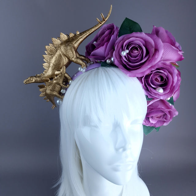 "Bebe" Dinosaur, Pearls & Purple Rose Headdress