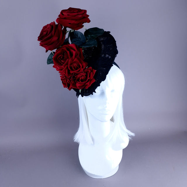 "Oren" Red Roses Black Lace Fascinator Hat