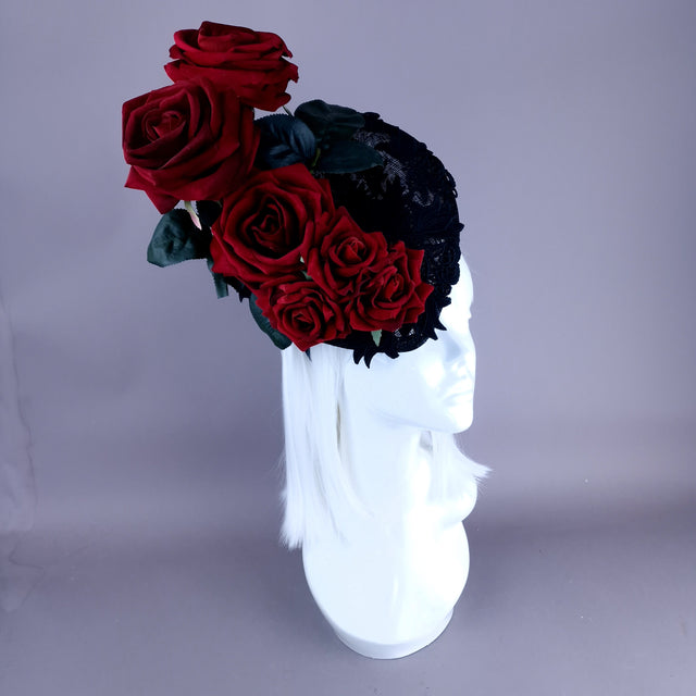 "Oren" Red Roses Black Lace Fascinator Hat