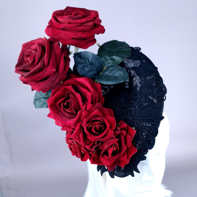 "Oren" Red Roses Black Lace Fascinator Hat