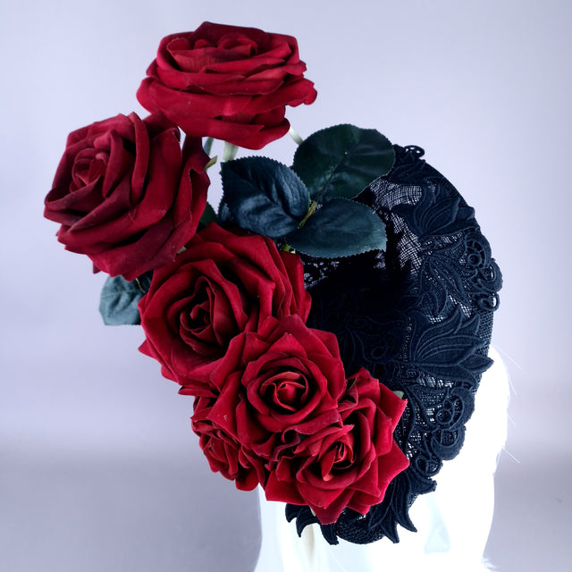"Oren" Red Roses Black Lace Fascinator Hat