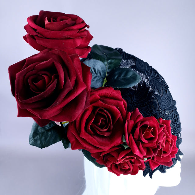 "Oren" Red Roses Black Lace Fascinator Hat