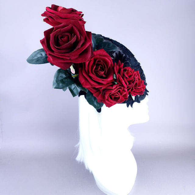 "Oren" Red Roses Black Lace Fascinator Hat