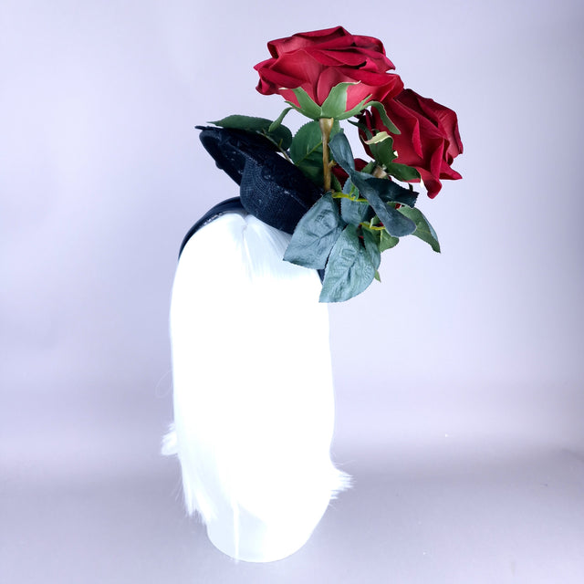 "Oren" Red Roses Black Lace Fascinator Hat