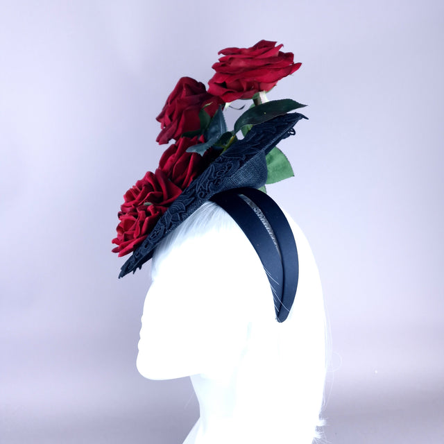 "Oren" Red Roses Black Lace Fascinator Hat