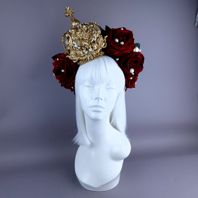 "Lillia" Red Rose & Gold Filigree Crown Headdress