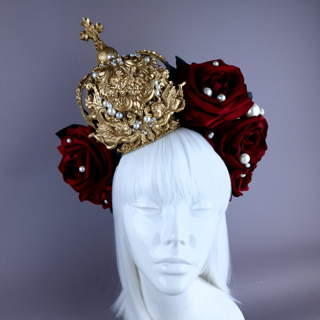 "Lillia" Red Rose & Gold Filigree Crown Headdress