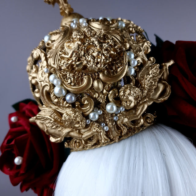 "Lillia" Red Rose & Gold Filigree Crown Headdress