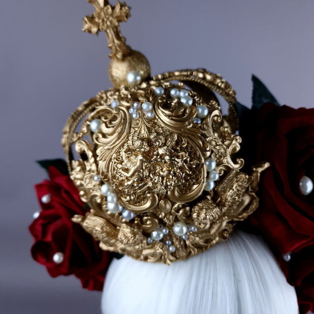 "Lillia" Red Rose & Gold Filigree Crown Headdress