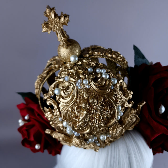 "Lillia" Red Rose & Gold Filigree Crown Headdress