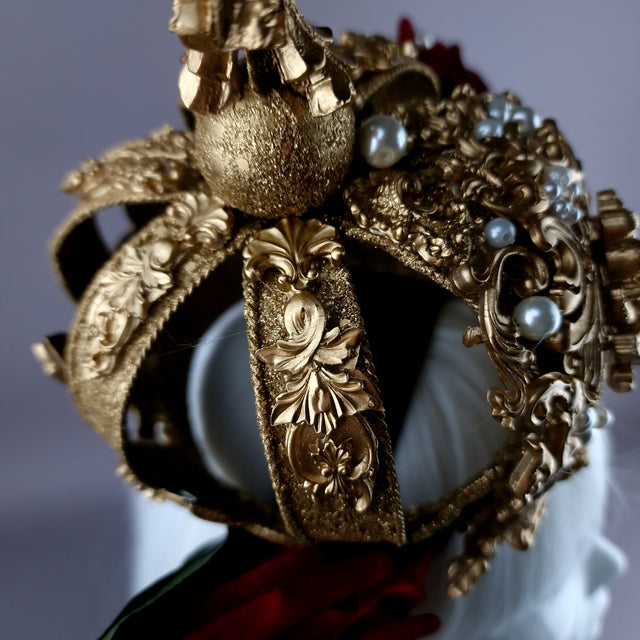 "Lillia" Red Rose & Gold Filigree Crown Headdress