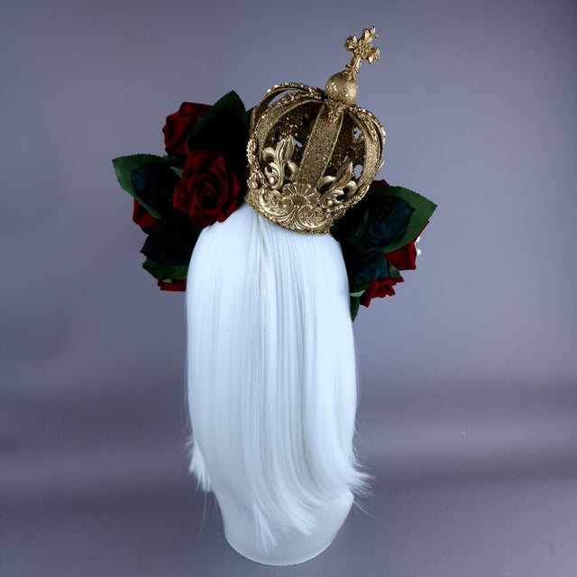 "Lillia" Red Rose & Gold Filigree Crown Headdress