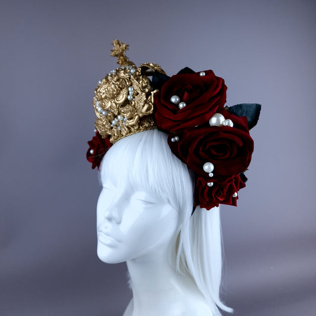 "Lillia" Red Rose & Gold Filigree Crown Headdress