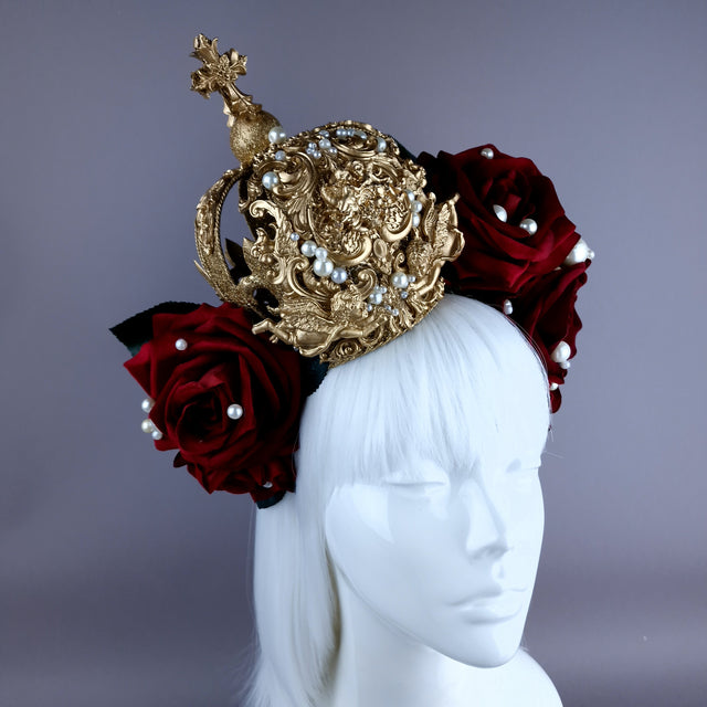 "Lillia" Red Rose & Gold Filigree Crown Headdress