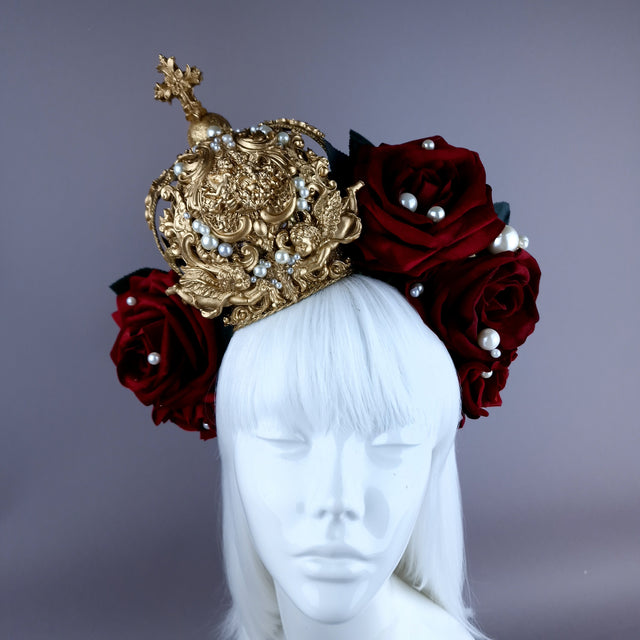 "Lillia" Red Rose & Gold Filigree Crown Headdress