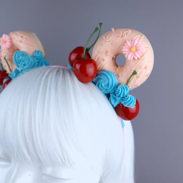 "Delish" Peach Donut Ear, Blue Icing, Pink Headband Headpiece