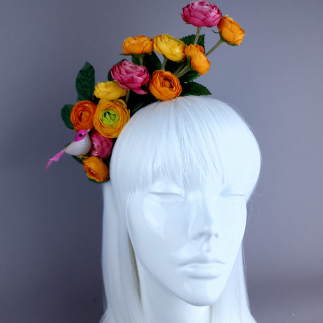 "Circe" Colourful Flower Headpiece with Little Bird