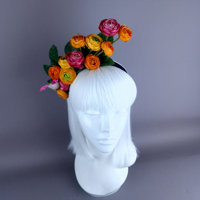 "Circe" Colourful Flower Headpiece with Little Bird