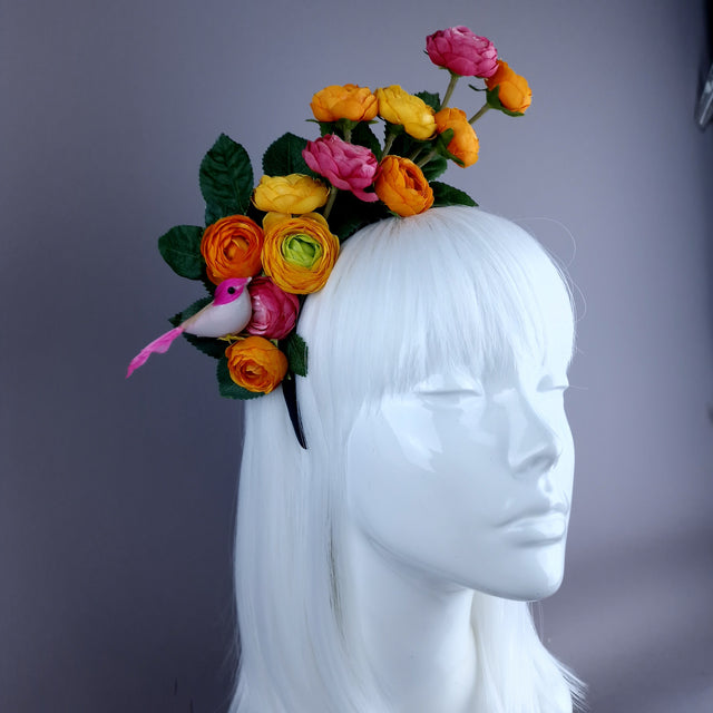 "Circe" Colourful Flower Headpiece with Little Bird