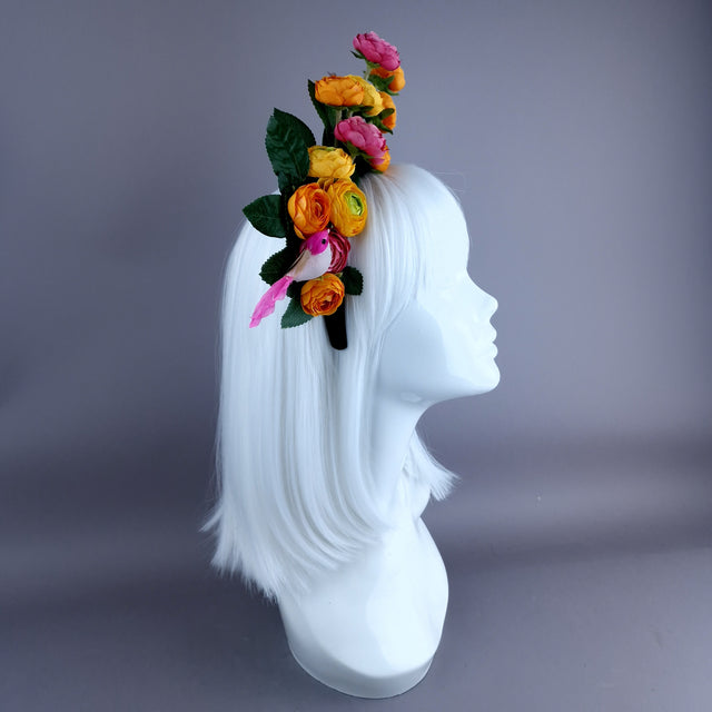 "Circe" Colourful Flower Headpiece with Little Bird