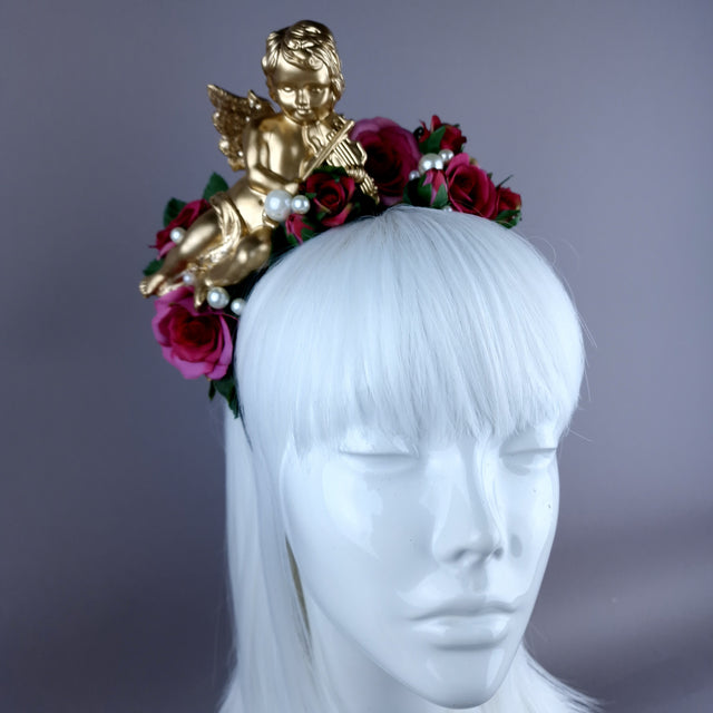 "Damienne" Gold Cherub Pink Roses Flower Crown