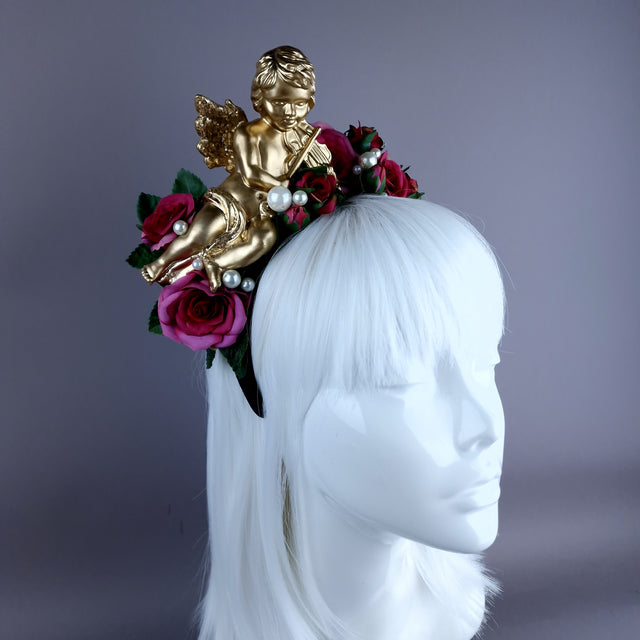 "Damienne" Gold Cherub Pink Roses Flower Crown