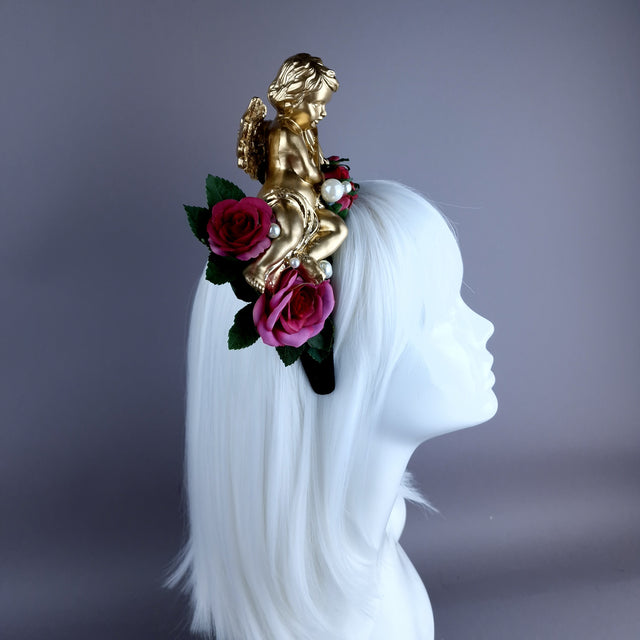 "Damienne" Gold Cherub Pink Roses Flower Crown
