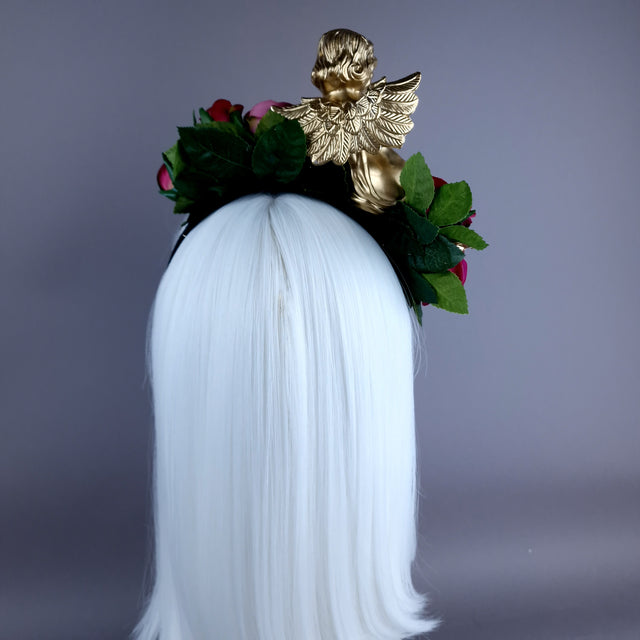 "Damienne" Gold Cherub Pink Roses Flower Crown