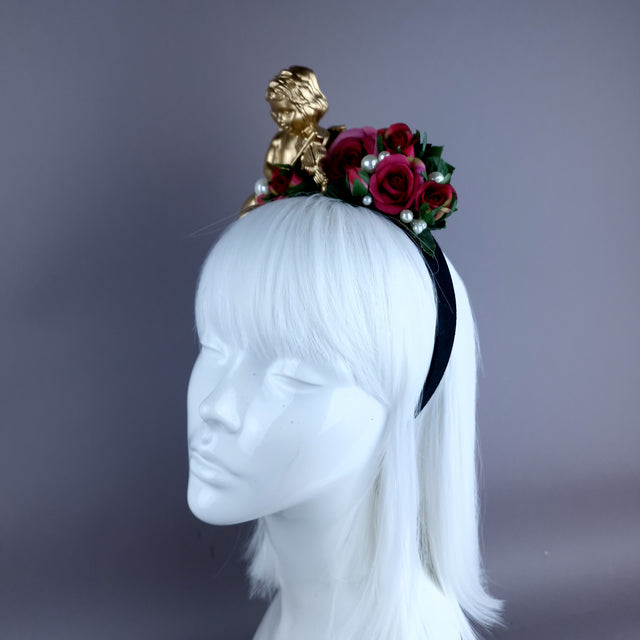 "Damienne" Gold Cherub Pink Roses Flower Crown