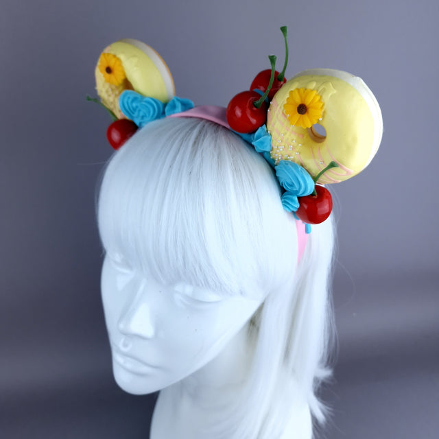"Delish" Yellow Donut Ear, Blue Icing, Pink Headband Headpiece