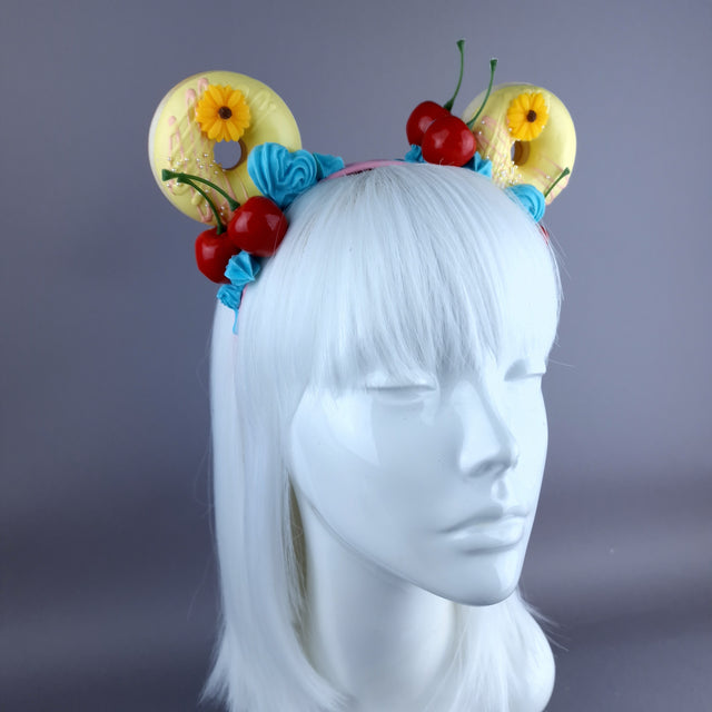 "Delish" Yellow Donut Ear, Blue Icing, Pink Headband Headpiece