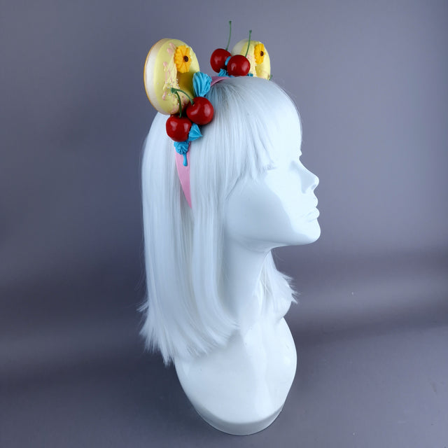 "Delish" Yellow Donut Ear, Blue Icing, Pink Headband Headpiece