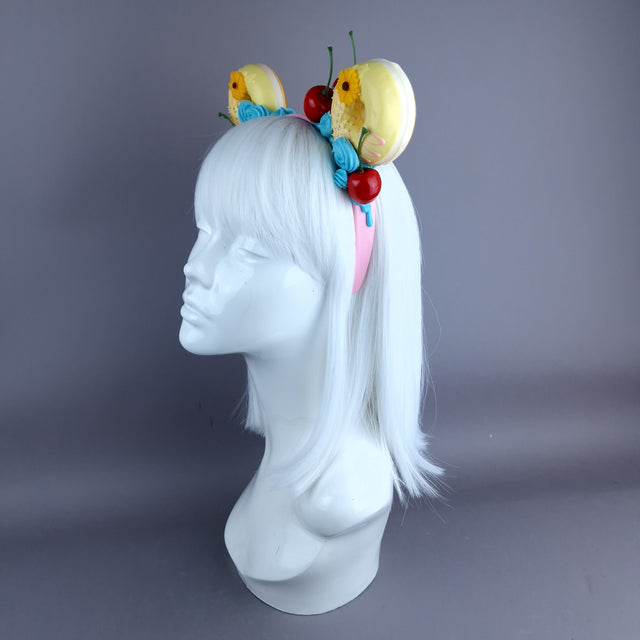 "Delish" Yellow Donut Ear, Blue Icing, Pink Headband Headpiece