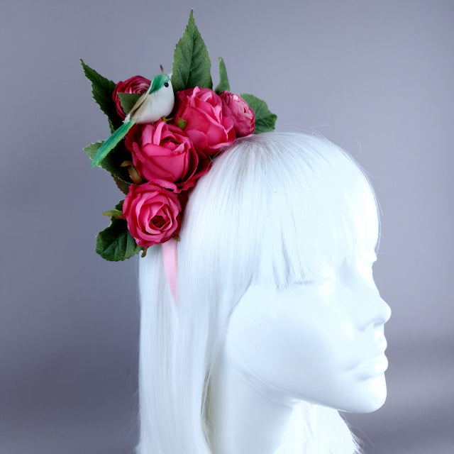 "Eirene" Bird & Pink Roses Flower Headpiece
