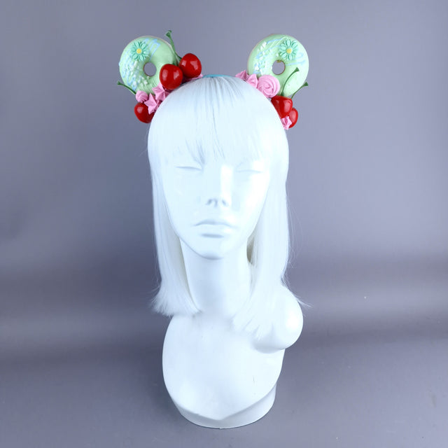 "Delish" Green Donut Ear, Pink Icing, Blue Headband Headpiece