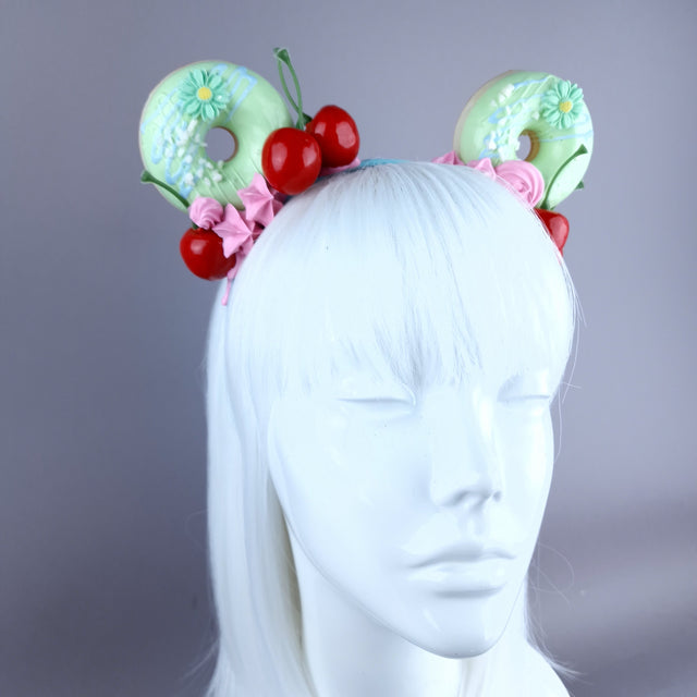 "Delish" Green Donut Ear, Pink Icing, Blue Headband Headpiece