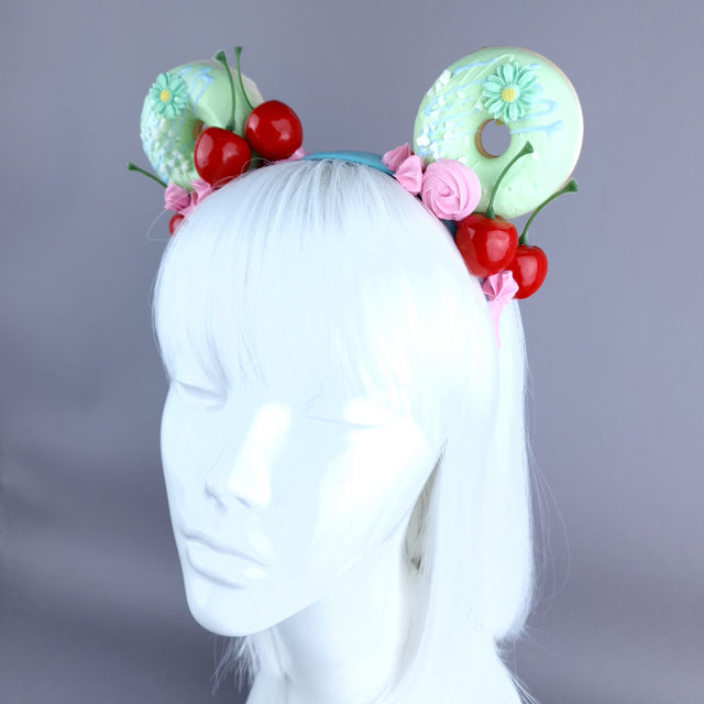 "Delish" Green Donut Ear, Pink Icing, Blue Headband Headpiece