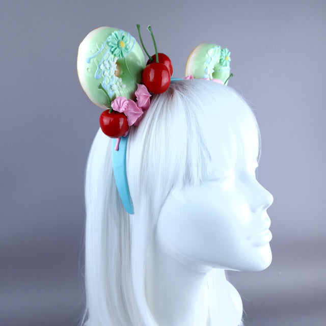 "Delish" Green Donut Ear, Pink Icing, Blue Headband Headpiece