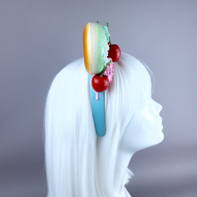 "Delish" Green Donut Ear, Pink Icing, Blue Headband Headpiece