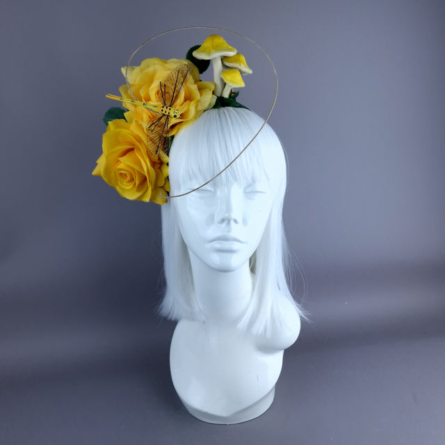 "Kavindra" Yellow Roses, Mushroom & Dragonfly Flower Headpiece