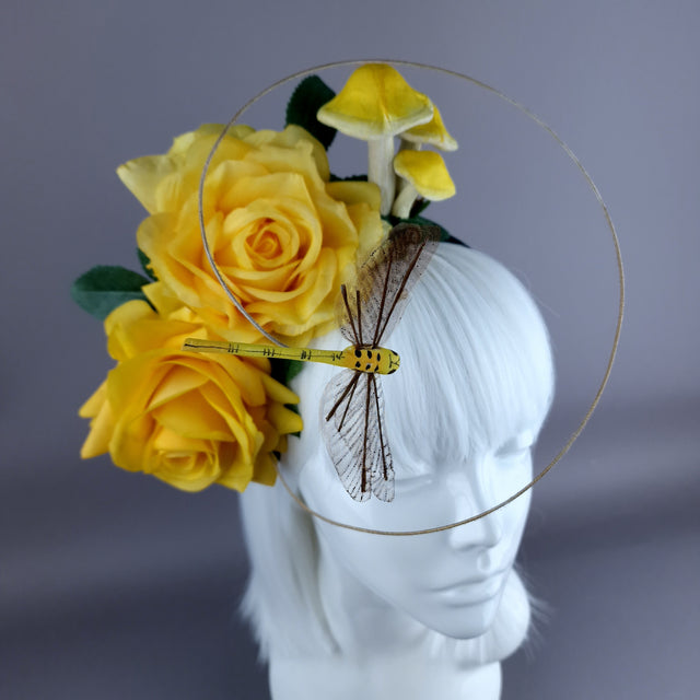 "Kavindra" Yellow Roses, Mushroom & Dragonfly Flower Headpiece