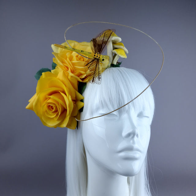 "Kavindra" Yellow Roses, Mushroom & Dragonfly Flower Headpiece