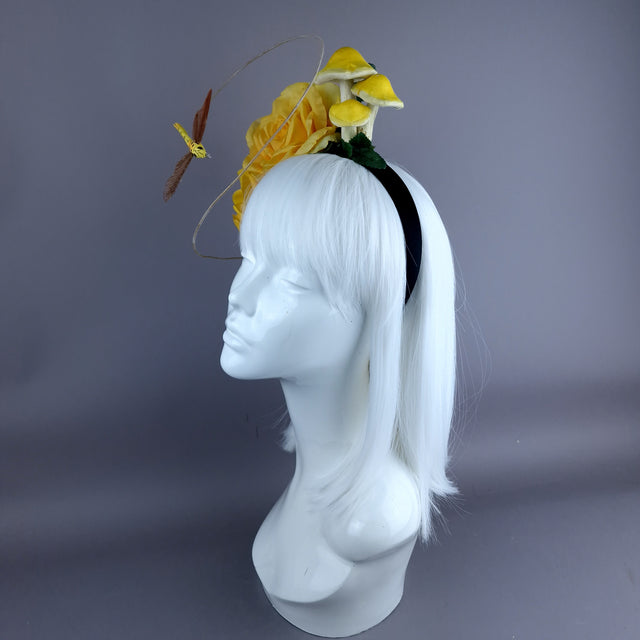 "Kavindra" Yellow Roses, Mushroom & Dragonfly Flower Headpiece