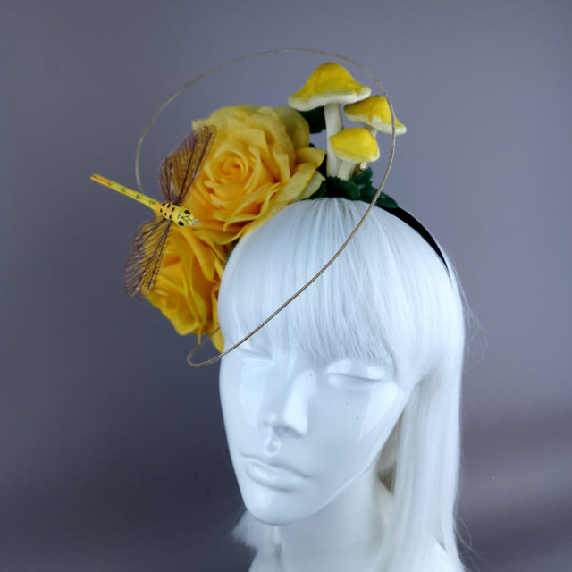 "Kavindra" Yellow Roses, Mushroom & Dragonfly Flower Headpiece