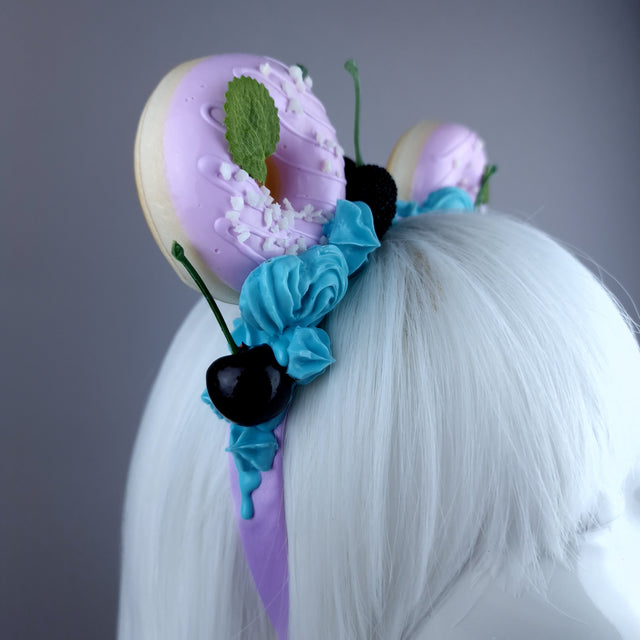 "Delish" Purple Donut Ear, Blue Icing, Purple Headband Headpiece