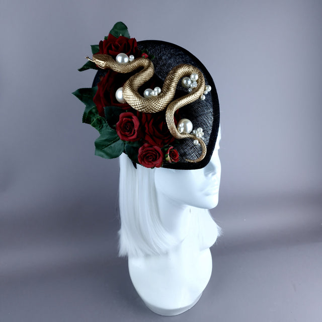 "Solanine" Red Rose, Gold Snake, Pearls, Black Fascinator Hat