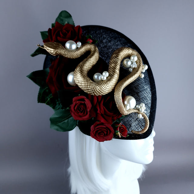 "Solanine" Red Rose, Gold Snake, Pearls, Black Fascinator Hat