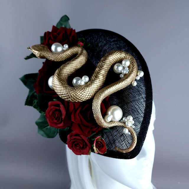 "Solanine" Red Rose, Gold Snake, Pearls, Black Fascinator Hat