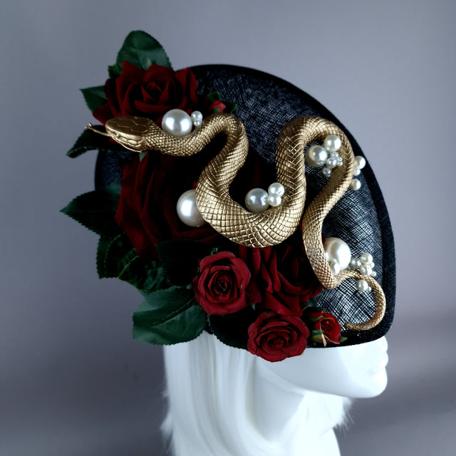 "Solanine" Red Rose, Gold Snake, Pearls, Black Fascinator Hat