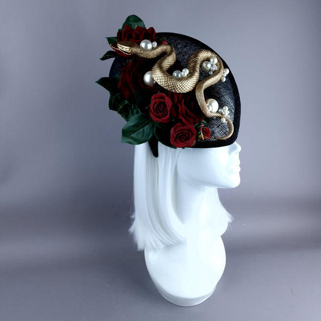 "Solanine" Red Rose, Gold Snake, Pearls, Black Fascinator Hat